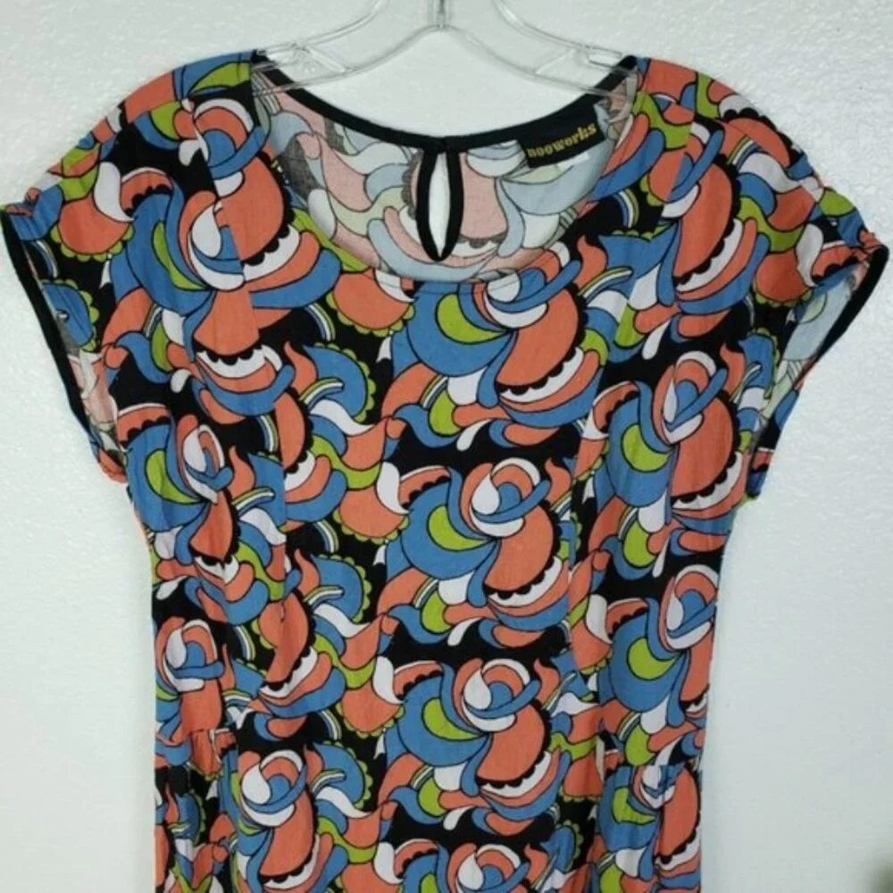 NOOWORKS Louise Mini Shift Dress 70s Style Print size XL Colorful Art-to-wear